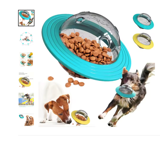 Boule d’alimentation turquoise avec compartiment transparent rempli de croquettes